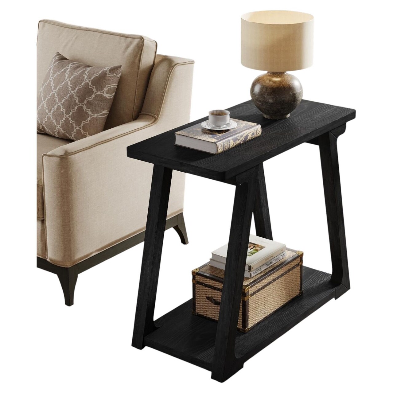 Narrow Solid Wood End Table 2-Tier Storage Side Table Nightstand